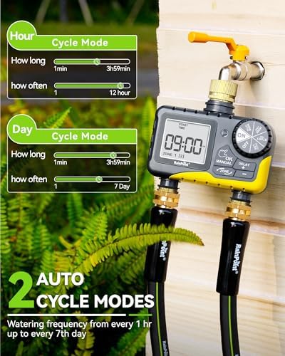RAINPOINT 2 Zone Sprinkler Timer with Brass Inlet and Outlet - Water Timer for Garden Hose with Rain Delay/Manual Watering/Automatic Irrigation Controller for Yard(Yellow) - Image 2