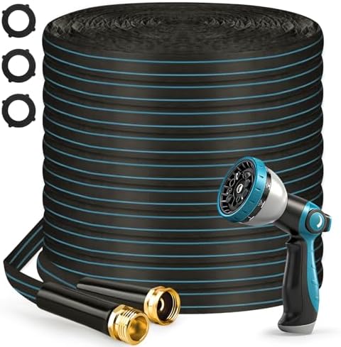 Halfjuly Garden Hose 100FT, Flat Non-Expandable Lightweight Water Hose, Durable Flexible Heavy Duty No Kink Design with 3/4" Fittings, 10 Way Spray Nozzle for Outdoor Yard Lawn by Halfjuly