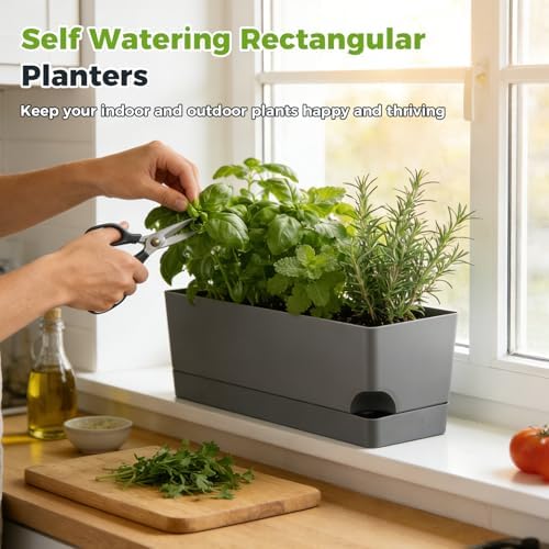 4 Pack Self Watering Pots for Indoor Plants 17 Inches Window Boxes Planters Rectangular Flower Pots Rectangle Herb Pots Large Plant Pots with Drainage Holes and Saucers Windowsill Planter, Grey - Image 2