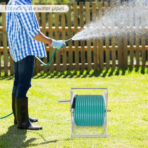 Stainless Steel Garden Hose Reel, Heavy-Duty Wall Mount or Free Standing Water Hose Storage Rack, 164FT Capacity, Durable Aluminum Alloy & Brass Construction, Easy Crank Handle for Yard, Garden, Lawn - Image 6