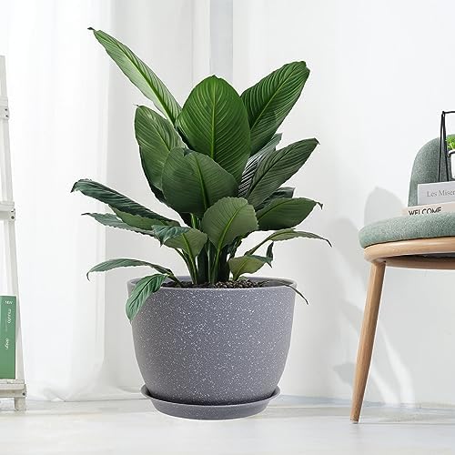 UOUZ 12/10/9 Large Modern Plant Pots, Plastic Planters with Drainage Holes and Saucers for Indoor Outdoor Plants Flowers, Grey Speckles - Image 7