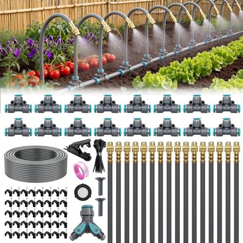 Drip Irrigation System 100FT 1/4", 360°Adjustable Garden Watering System with 16pcs Copper Nozzles, Drip Irrigation Kit for Outdoor Plants, Greenhouse Watering System by Unknown