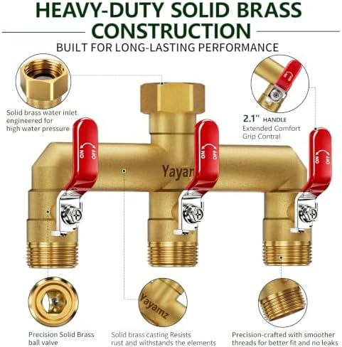 3-Way Garden Hose Splitter, Heavy-Duty Brass, 3/4" GHT, (Red) - Image 2