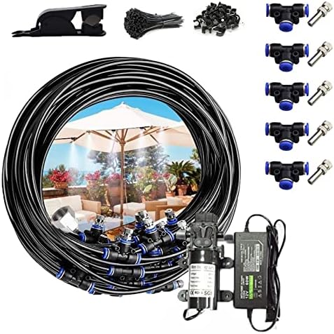 Outdoor Misting Cooling System kit, Misting Line + Drip-Proof Brass Misters + 24V Silent Pump, Garden Cooling System DIY Micro Drip Irrigation System for Patio, Garden, Lawn, Home Irrigation, Black by Unknown