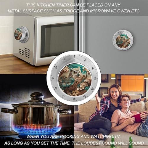 Mechanical Kitchen Timers for Cooking,Owl Printed 60 Minute Magnetic Countdown Timer,Cute Cooking Timers with Alarm,Stainless Steel Time Timer Manual No Batteries Required - Image 4
