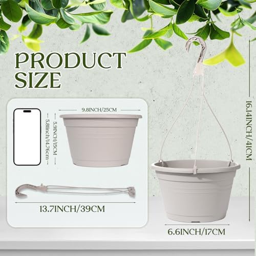4 Pcs Hanging Planters,10" Hanging Pots Plastic Hanging Flower Plant Basket with Drainage Trays & Chain Holder for Outdoor Indoor Plants Garden Balcony Decoration, Light Gray - Image 2