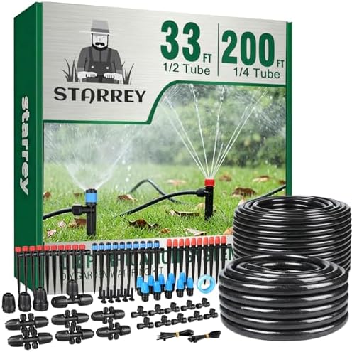 Drip Irrigation System for Garden, 2026-Upgraded Quick Connect Garden Watering Kit All-in-One with 1/2 inch 1/4 inch Irrigation Tubing for Garden, Lawn, Greenhouse, Raised Beds (233FT) by Starrey