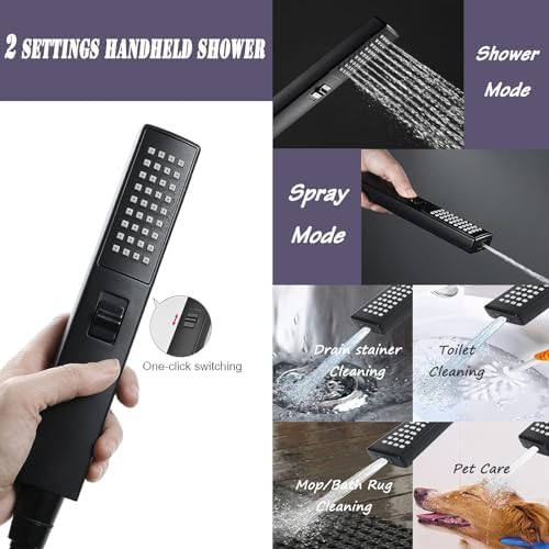 12" High Pressure Square Rain Shower Head and 2-in-1 Hand Shower, Rainfall Showerhead with 13" Shower Arm, Equipped with 78" Hose, Adhesive Shower Head Holder (Square Shower Head Set Black) - Image 5