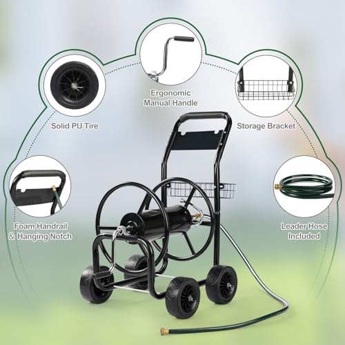 VINGLI 300FT 5/8in Garden Hose Reel Cart, 4-Wheel Portable Residential Hose Reel Cart, Hose Guide System with Storage Basket, Rust Resistant, for Family Yard, Garden and Farm (Black) - Image 6