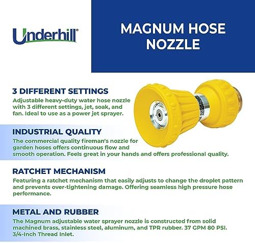 Underhill Magnum Garden Water Hose Nozzle, Sprayer, 37 GPM 80 PSI, 3/4-Inch Thread Inlet, Jet, Soak, Fan, Metal and Rubber, Adjustable, NG450 - Image 3