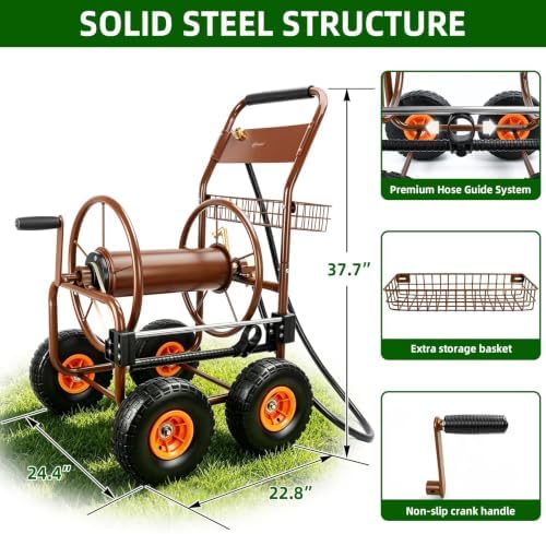 WERMAH Hose Reel Cart with Hose Guide, 4 Wheels Hose Cart, Holds 300ft 5/8" - Image 2