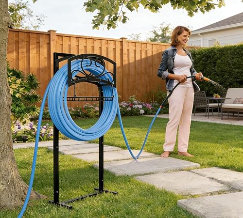 Kingson Freestanding Garden Hose Holder with Storage Basket - Heavy-Duty Black Powder-Coated Steel, Holds 150FT Hose, Detachable & Portable Design with Assembly Tools, Ideal for Outdoor Use by Kingson