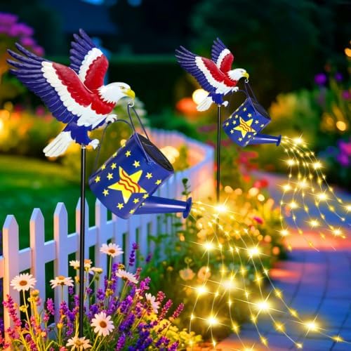NBQQ Solar Watering Can Light Blue Metal Patriotic Eagle 4th of July Decor - Image 2