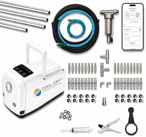 40’ High-Pressure Mist Cooling System Kit with Premium Edition Remote Pump W/App Control for Outdoor Usage – (.006" (Humid Climates) - 50 nozzles) (Stainless Steel - 1/4" 40 Ft) by Cool-Off
