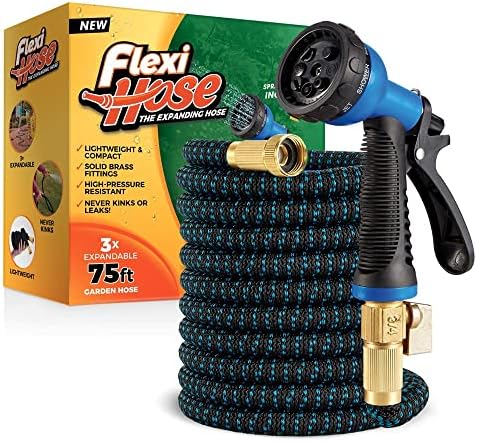 Flexi Hose Expandable Garden Hose with 8 Function Nozzle, 75FT - Lightweight Retractable Garden Hose, Water Hose - No-Kink Flexibility, 3/4 Inch Solid Brass Fittings and Double Latex Core by FlexiHose