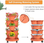 VECELO 5 Tier Vertical Garden Planter, Self Watering Stackable Planters with Wheels for Strawberries, Herbs, Flowers, Vegetables, Red - Image 3