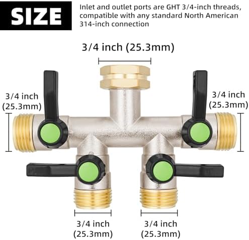 4 Way Hose Splitter, Brass High Flow Garden Hose Splitter Heavy Duty, Hose Connector, Water Spigot Splitter, Full Flow Faucet Splitter with shutoff, 3/4” GHT Inlet - Image 2