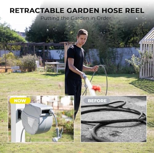 Retractable Garden Hose Reel,Wall Mounted Hose Reel, Optional Position Lock，Slow-Retract System，Wall Mounted，180°Swivel Bracket，Light Grey - Image 4