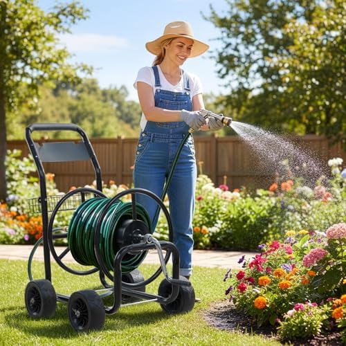 VINGLI 4-Wheel Garden Hose Reel Cart with Storage Basket, Portable Residential Hose Reel Cart, Lawn Watering, for Garden Backyard and Farm - Image 2
