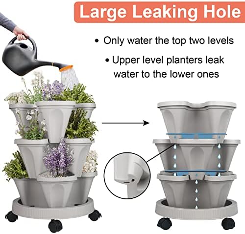 DUNCHATY Stackable Planter, Vertical Garden Planter with Wheels and Tools, Self Watering Strawberry Planter Indoor/Outdoor 3 Tier Herb Planter Pots for Growing Vegetables and Succulents,Gray - Image 4