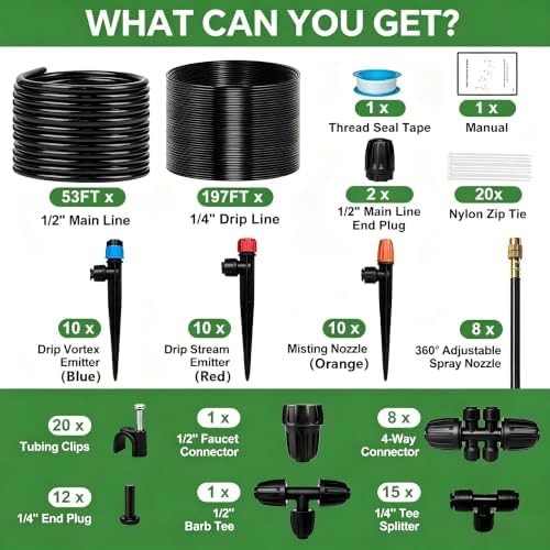 250FT Drip Irrigation System for Garden with 38pcs Adjustable Copper Nozzles & Emitters, Automatic Garden Watering System with 1/2" & 1/4" Tubing for Raised Bed, Yard, Greenhouse, Potted Plants, Lawn - Image 2