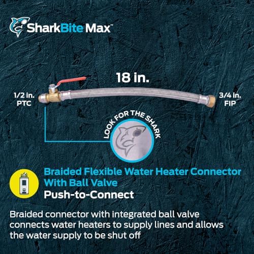 SharkBite Max 1/2 Inch Ball Valve x 3/4 Inch FIP x 18 Inch Stainless Steel Braided Flexible Water Heater Connector, Brass Plumbing Fitting, PEX Pipe, Copper, CPVC, PE-RT, HDPE, UR3068FX18BV - Image 2