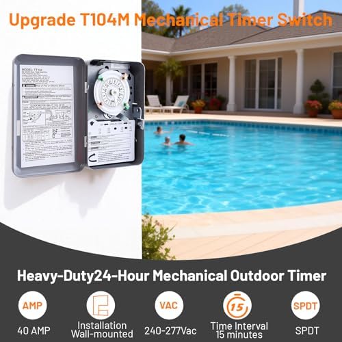 2026 Upgraded T104M Pool Timer Mechanism Only, 208-277V 40A DPST, 24-Hour Heavy-Duty Timer Switch for Pool Pumps/Lights/Water Heater/HVAC,High-Contrast White Dial, 4 Pairs of Trippers Included - Image 2