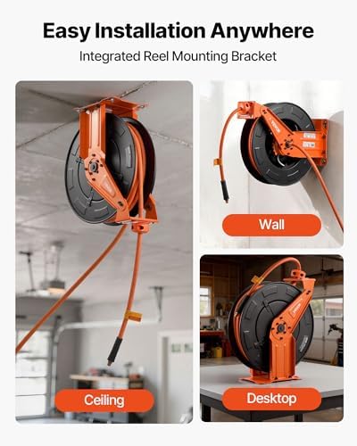 VEVOR Retractable Air Hose Reel, 3/8 Inch x 50 FT Rubber Air Hose Max 300PSI, Auto Rewind Air-Compressor Hoses Reel with 5 ft Lead in, Ceiling/Wall Mount Heavy Duty Steel Double Arm - Image 5