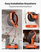 VEVOR Retractable Air Hose Reel, 3/8 Inch x 50 FT Rubber Air Hose Max 300PSI, Auto Rewind Air-Compressor Hoses Reel with 5 ft Lead in, Ceiling/Wall Mount Heavy Duty Steel Double Arm - Image 5