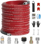 150FT Sewer Jetter Kit for Pressure Washer 5800PSI,1/4" NPT Drain Jetter Hose with 1/4" Quick Plug，3 Sewer Jet Nozzles，Spanners Teflon Tape Gloves and Spray Nozzle for Cleaning by VividWash