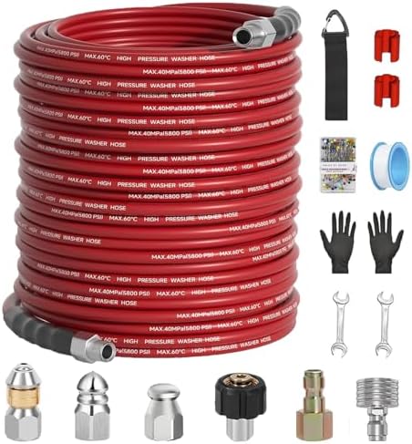 150FT Sewer Jetter Kit for Pressure Washer 5800PSI,1/4" NPT Drain Jetter Hose with 1/4" Quick Plug，3 Sewer Jet Nozzles，Spanners Teflon Tape Gloves and Spray Nozzle for Cleaning by VividWash