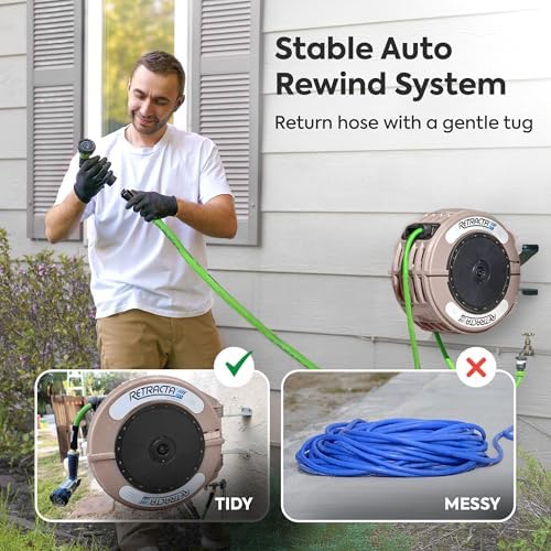 Macnaught Retractable Garden Hose Reel, 82 Ft Water Hose Reel Heavy Duty Retractable Hose with Metal 180° Swivel Rotation Bracket for Wall Mount - Beige - Image 6