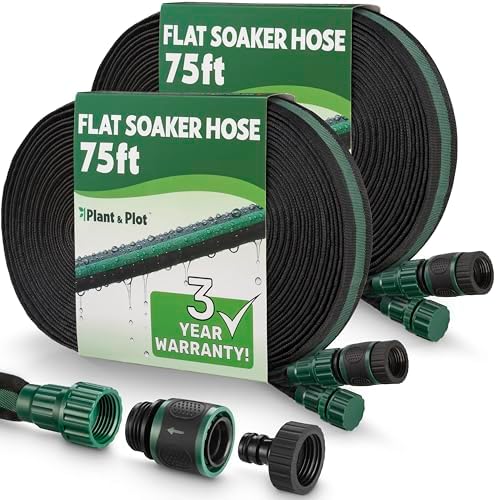 Flat Soaker Hose 150ft (75ft 2-Pack) for Garden // Drip Hose for Garden Beds, Lawns and Trees // Heavy Duty Leakproof Design with Quick Connect // Linkable Irrigation System for Vegetables and Flowers by PlantPlot