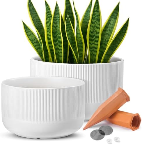 Ceramic Planters, 10- and 12-Inch Large Indoor/Outdoor Plant Pots with Drainage Holes and Watering Spikes, White, Set of 2 by JardinTesoro
