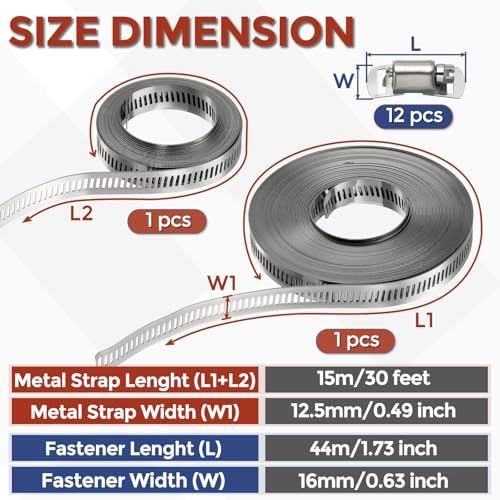 Stainless Steel DIY 50 ft Metal Strap + 12 Fasteners Band Hose Clamp - Image 2