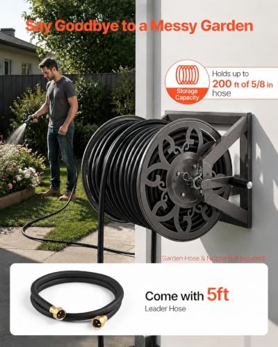 Wall Mounted Garden Hose Reel – Holds 200 ft 5/8" Hose, Heavy-Duty Steel Manual Winder, with Brass Connector, 5ft Leader, Decorative Pattern, Space Saver, Gray Finish, for Outdoor Gardens & Lawns. - Image 4
