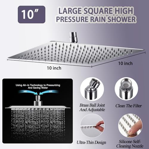 10" High Pressure Square Rainfall Shower Head and 2-in-1 Hand Shower, Equipped with 78"Hose,3 Way Diverter Valve, Adhesive Shower Head Holder (AWAXFOLO Chrome Square Shower Head Set) - Image 2