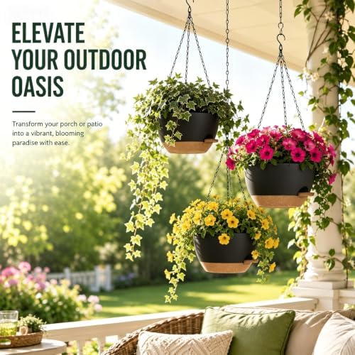 12 Inch Self Watering Hanging Planters, Black Brown, 2 Pack - Image 2