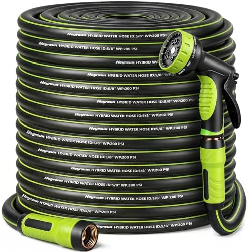 Garden Hose 100ft, Non-Expandable Heavy Duty Water Hose with 10 Function Sprayer, Flexible, Leakproof, Kink Resistant & Hybrid Hose for Yard, Outdoor, 600 PSI by HEYRSUN
