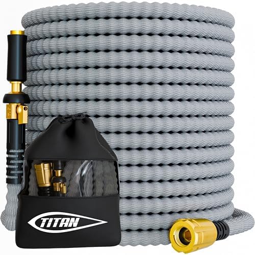 TITAN Flexible Garden Hose 10FT – Ultra Lightweight, Heavy Duty Water Hose with Brass Fittings & Jet Nozzle – Kink-Free, Non-Expanding, Durable Fabric Hose for Yard, Lawn, Car Wash, Outdoor Use by Titan