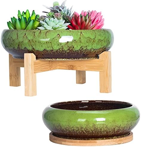 Succulent Pots, 7.3/10 Inch Large Bonsai Pots with Tray Set of 2 by ARTKETTY