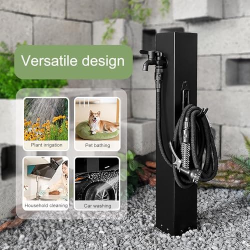 304 Stainless Steel Vertical Garden Water Column, Hose Stand with Copper Faucet, Decorative Hydrant Taps, Square Design with Hooks - Durable Outdoor Garden Decor (Black) - Image 6