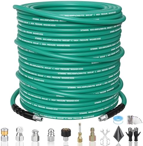 200FT Sewer Jetter Kit for Pressure Washer,1/4‘’NPT Drain Cleaner Hose 5800PSI, with Adapter Corner Rotating Button Nose Sewer Jetting Nozzles Kit Pearl Corsage Pin Spanner Waterproof Tape… by SITIMIMIL