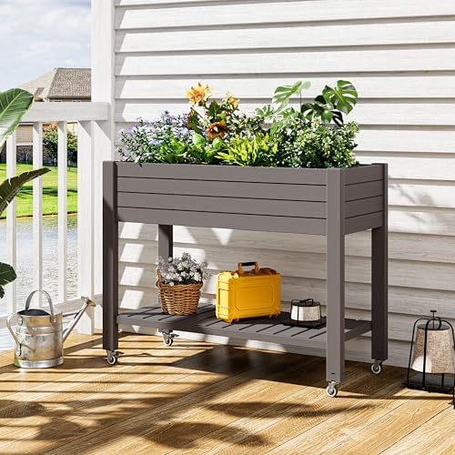 33.7" Tall Raised Garden Bed with Wheels, Divisible Resin Planter Box with Drainage Gauge & Storage Shelf, Herb Planter for Garden Patio Backyard, Medium Gray (33.7" h) - Image 4