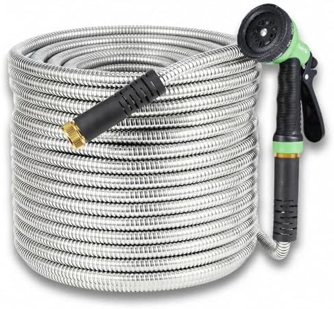 Jojoka Heavy Duty Stainless Steel Garden Hose 25FT, Flexible Kink-Free Metal Water Hose with 10-Function Spray Nozzle and Solid Brass 3/4'' Connectors, Leak-Proof US Standard for Garden, Lawn by Jojoka