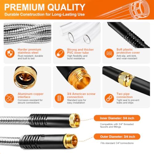 Metal Garden Hose 50FT with Swivel Connector, Heavy Duty 304 Stainless Steel Water Hoses with Nozzle, Flexible Garden Hose 50FT - Image 3