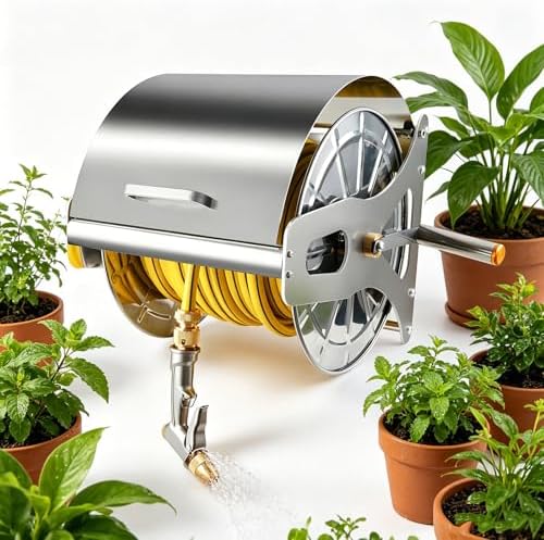 Stainless Steel Wall Mount Hose Reel, Portable Storage Rack for Up to 164ft 1/2 Inch Garden Hose, Ideal for Watering Lawns, Gardens, and Backyards by Unknown