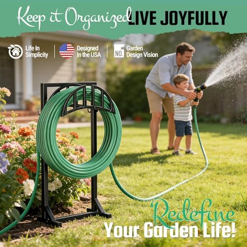 YQSLYSF 2 Pack Garden Hose Holder, Water Hose Stand with 4 Stake and 2 Tool Hooks, Heavy-Duty Metal Hose Storage Holds 150Ft, Freestanding Hose Hanger Rack for Outside, Yard, Lawn, Farm - Image 5
