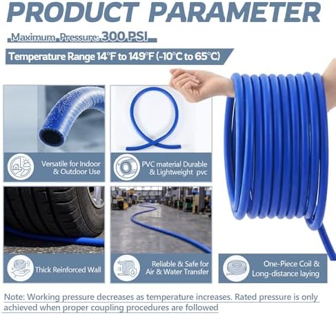 1/2'' lD 300ft PVC Air and Water Hose, 280Psi Working Blue Hose - Image 4