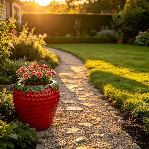 15' Strawberry Shaped Planter Pot, 15 Inch Decorative Flower Pot, Red - Image 2